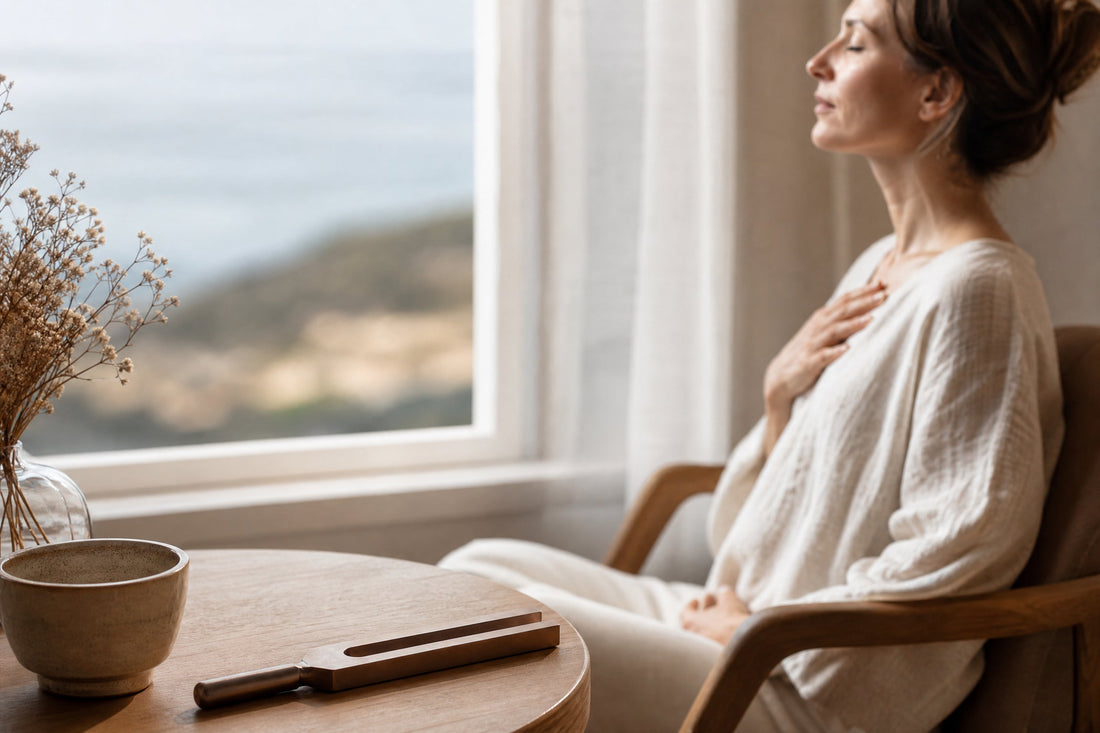 Personne pratiquant une respiration calme avec un diapason à proximité
