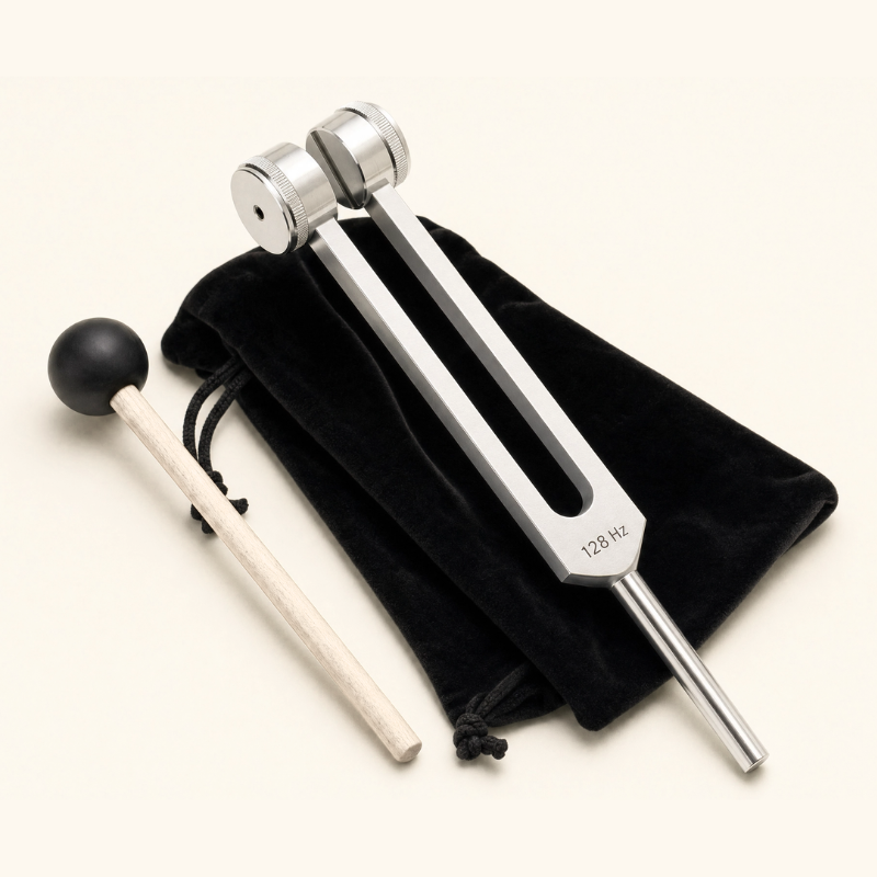 Le diapason thérapeutique 128 Hz, son maillet et sa pochette